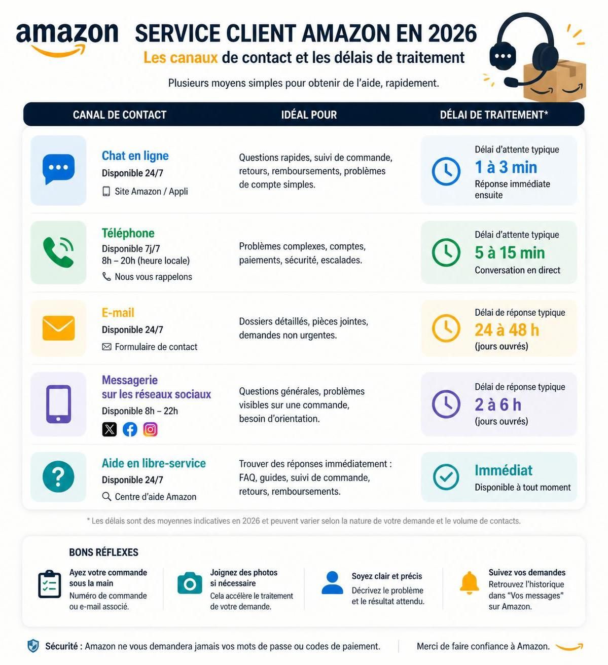 découvrez comment contacter le service client amazon via chat ou téléphone, et informez-vous sur les délais de traitement pour une assistance rapide et efficace.