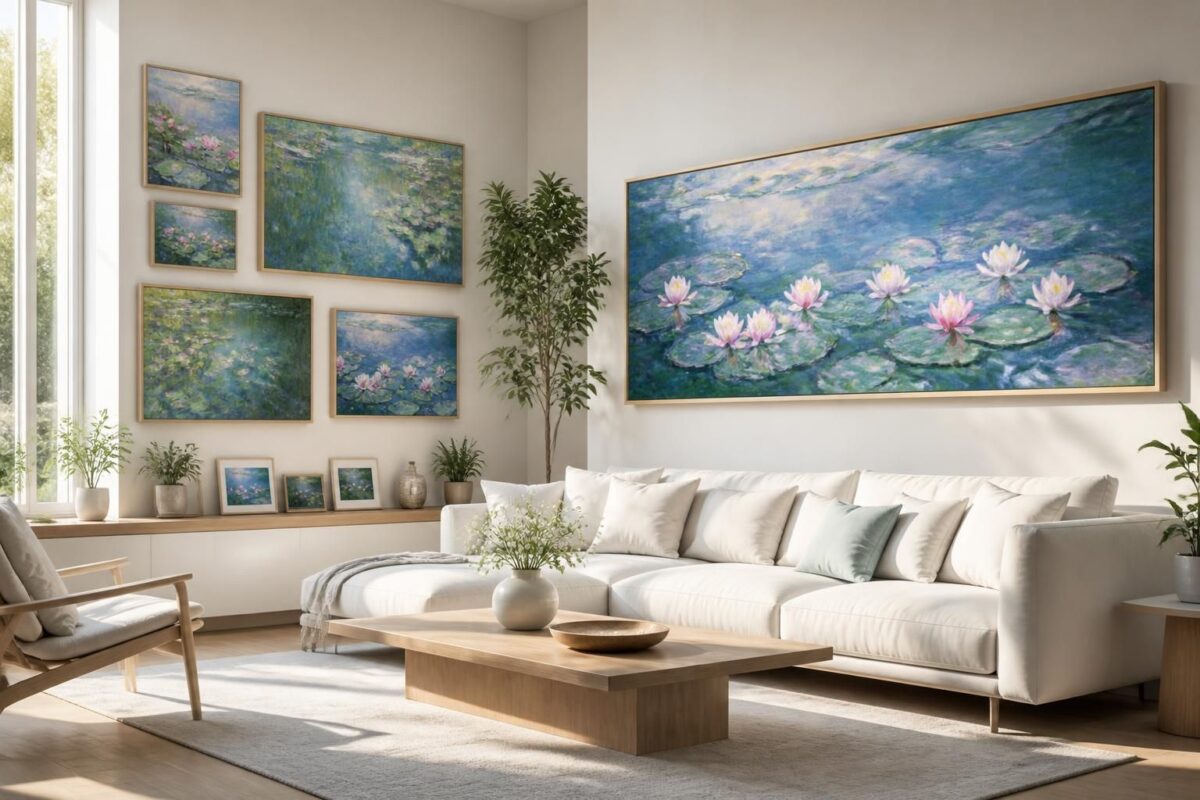 découvrez nos reproductions de nymphéas de monet en tableau, disponibles en plusieurs formats pour sublimer votre salon avec une touche d'art impressionniste.